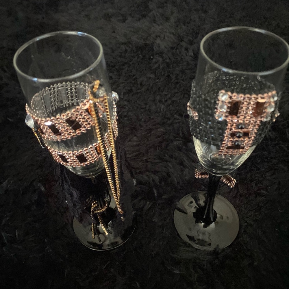 Black and Rose Gold Bling Wine Glass Set, His and Hers Elegant Wine Glasses - Picture 1 of 17